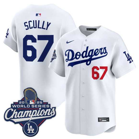 Men%27s Los Angeles Dodgers #67 Vin Scully White 2025 Champions Stitched Jersey->los angeles dodgers->MLB Jersey