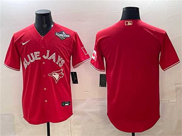 Mens Toronto Blue Jays Blank Red 2025 World Series Home Cool Base Stitched Jersey