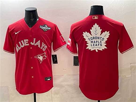 Mens Toronto Blue Jays & Leafs Red 2025 World Series With White Leafs Logo Cool Base Stitched Jersey->toronto blue jays->MLB Jersey