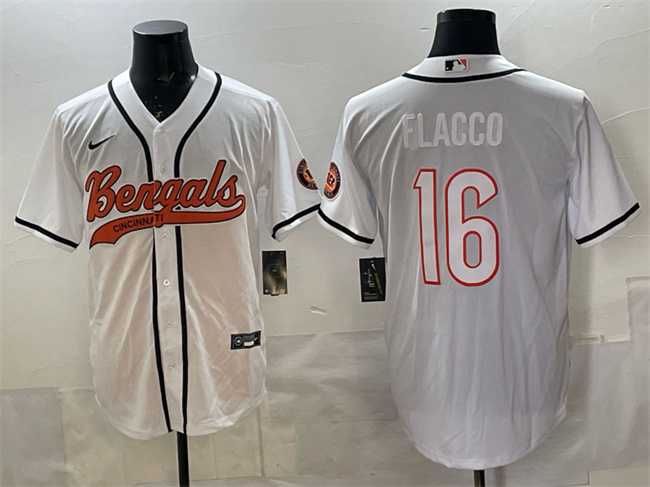 Men%27s Cincinnati Bengals #16 Joe Flacco White With Patch Cool Base Stitched Baseball Jersey->cincinnati bengals->NFL Jersey