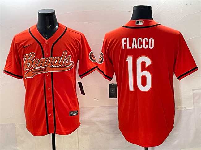 Men%27s Cincinnati Bengals #16 Joe Flacco Orange With Patch Cool Base Stitched Baseball Jersey->cincinnati bengals->NFL Jersey