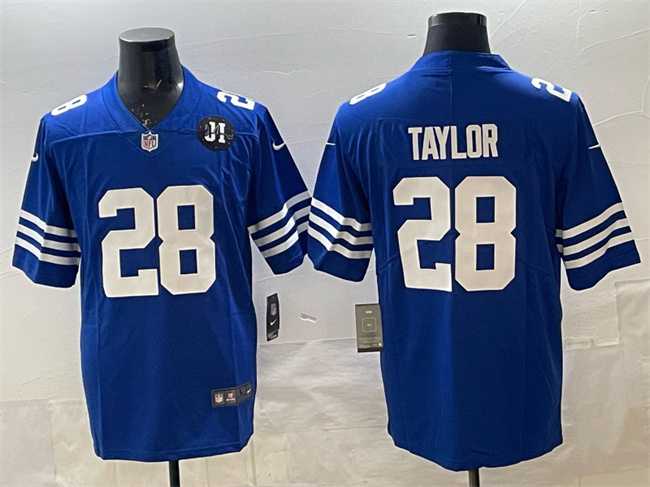 Mens Indianapolis Colts #28 Jonathan Taylor Blue Jim Irsay Patch Vapor Limited Stitched Jersey Dzhi->indianapolis colts->NFL Jersey
