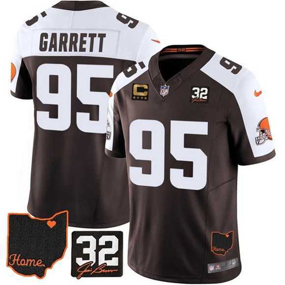 Mens Cleveland Browns #95 Myles Garrett Brown Alternate 2025 F.U.S.E. 4-Star C Patch With Jim Brown Memorial & Home Patch Vapor Limited Stitched Jersey Dzhi->->
