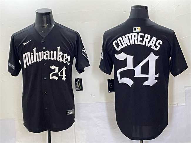 Mens Milwaukee Brewers #24 William Contreras Black Gothic 414 Shadows Edition Vapor Premier Limited Stitched Jersey->->