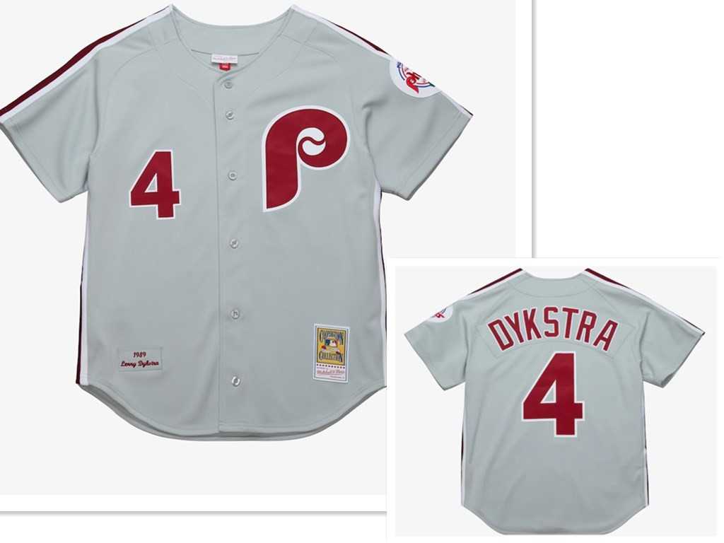 Mens Philadelphia Phillies #4 Lenny Dykstra Mitchell and Ness Grey 1989 Throwback Stitched MLB Jersey->philadelphia phillies->MLB Jersey