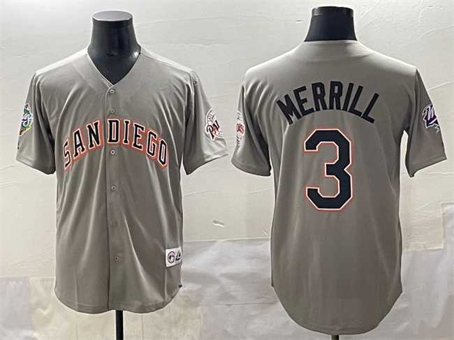 Mens San Diego Padres #3 Jackson Merrill Gray Fashion Throwback With Patch Cool Base Stitched Jersey->san diego padres->MLB Jersey