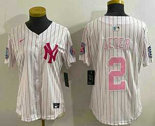 Women%27s New York Yankees #2 Derek Jeter White Pink Pinstripe Fashion Cool Base Jersey->mlb womens jerseys->MLB Jersey