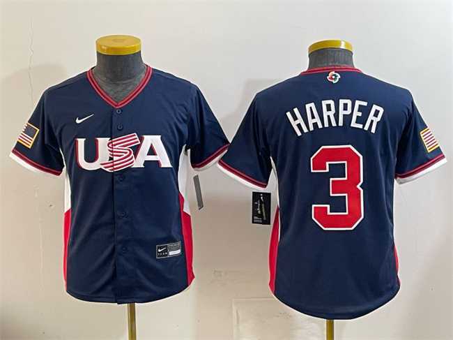 Youth USA Baseball #3 Bryce Harper Navy 2026 World Baseball Classic Stadium Stitched Baseball Jersey->2026 world baseball classic->MLB Jersey