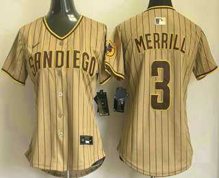 Women%27s San Diego Padres #3 Jackson Merrill Khaki Pinstripe Limited Stitched Jersey->mlb womens jerseys->MLB Jersey
