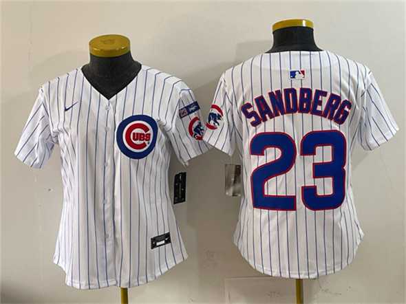 Womens Chicago Cubs #23 Ryne Sandberg White Pinstripe Ryne Sandberg Tribute Vapor Limited V3 Stitched Jersey->->