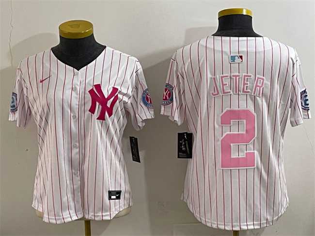Youth New York Yankees #2 Derek Jeter White Pink Pinstripe Limited Stitched Baseball Jersey->mlb youth jerseys->MLB Jersey