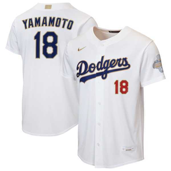 Mens Los Angeles Dodgers #18 Yoshinobu Yamamoto Nike White 2026 Gold Collection Home Replica Jersey Dzhi->->MLB Jersey