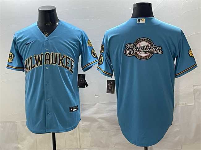 Men%27s Milwaukee Brewers Team Big Logo Blue With Home & Bob Uecker Patch Stitched Jersey Dzhi->philadelphia phillies->MLB Jersey