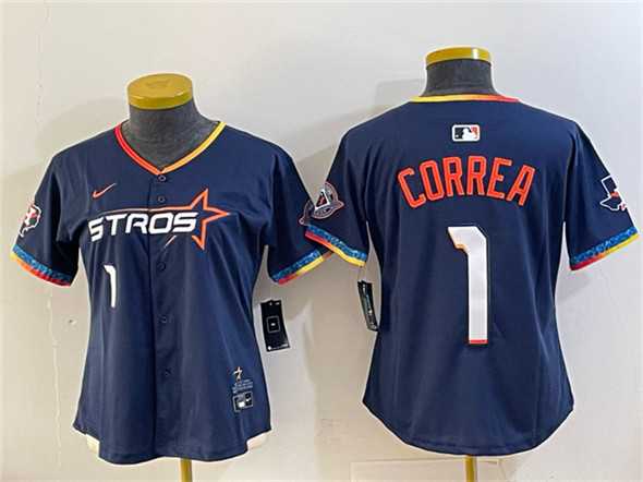 Womens Houston Astros #1 Carlos Correa Navy 2025 City Connect With Texas Patch Limited Stitched Jersey->->
