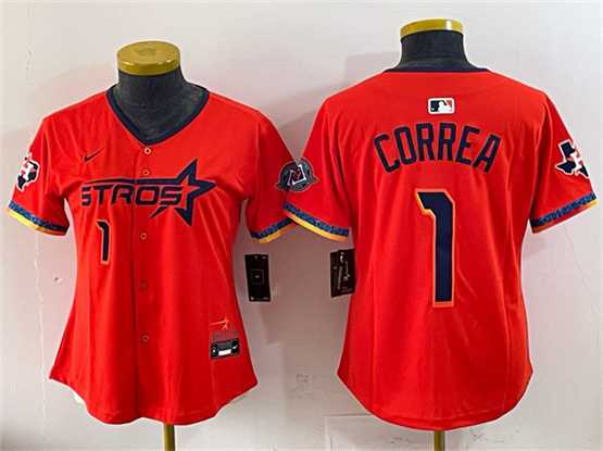 Womens Houston Astros #1 Carlos Correa Orange 2025 City Connect With Texas Patch Limited Stitched Jersey->->