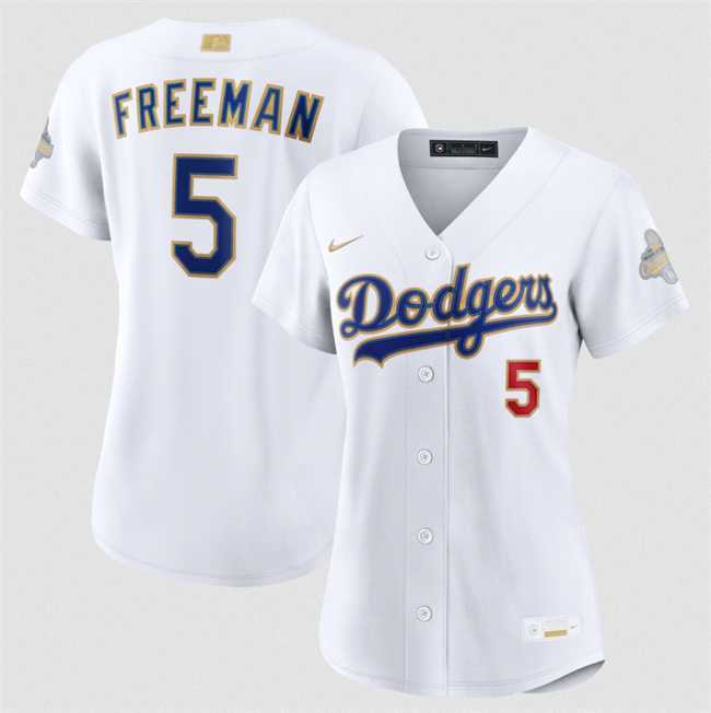 Womens Los Angeles Dodgers #5 Freddie Freeman White 2026 Gold Collection Stadium Stitched Jersey Dzhi->->MLB Jersey