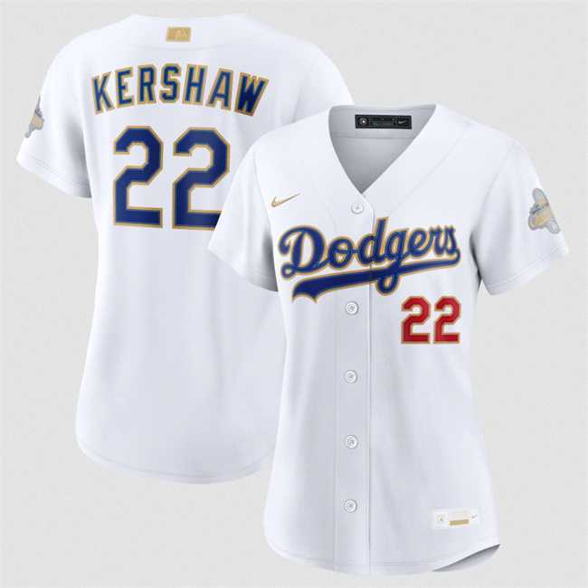 Womens Los Angeles Dodgers #22 Clayton Kershaw White 2026 Gold Collection Stadium Stitched Jersey Dzhi->->MLB Jersey