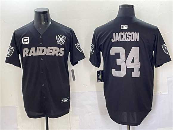 Men%27s Las Vegas Raiders #34 Bo Jackson Black With Nevada Silver Stat Patch And 65th Anniversary Patch 3-Star C Patch Stitched Baseball Jersey->las vegas raiders->NFL Jersey