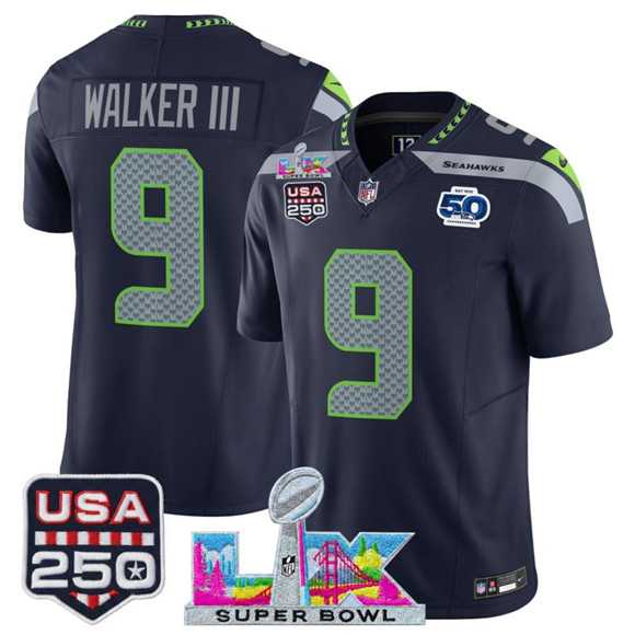 Men%27s Seattle Seahawks #9 Kenneth Walker III Navy 2025 F.U.S.E. Super Bowl LX Patch And 50th Season & USA 250%27 Patch Vapor Limited Stitched Jersey->seattle seahawks->NFL Jersey