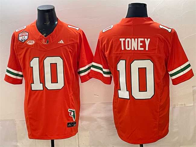 Mens Miami Hurricanes #10 Malachi Toney Orange F.U.S.E. Fiesta Bowl Champions & Florida Patch Stitched Football Jersey