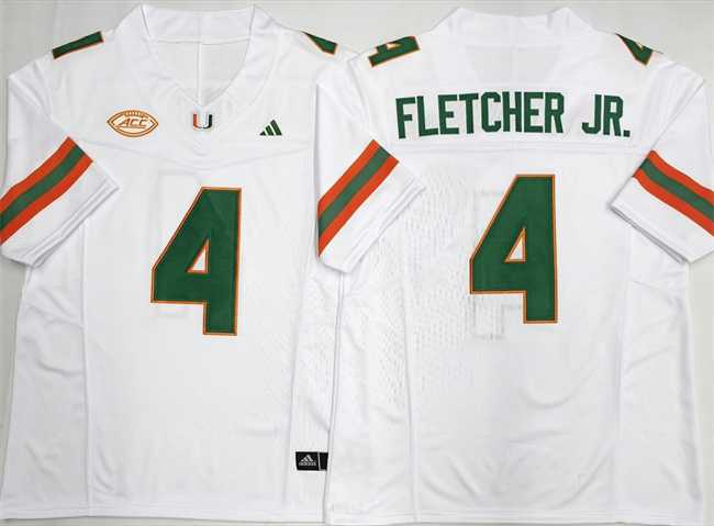 Men%27s Miami Hurricanes #4 Mark Fletcher Jr. White F.U.S.E. 2026 Stitched Football Jersey->miami hurricanes->NCAA Jersey