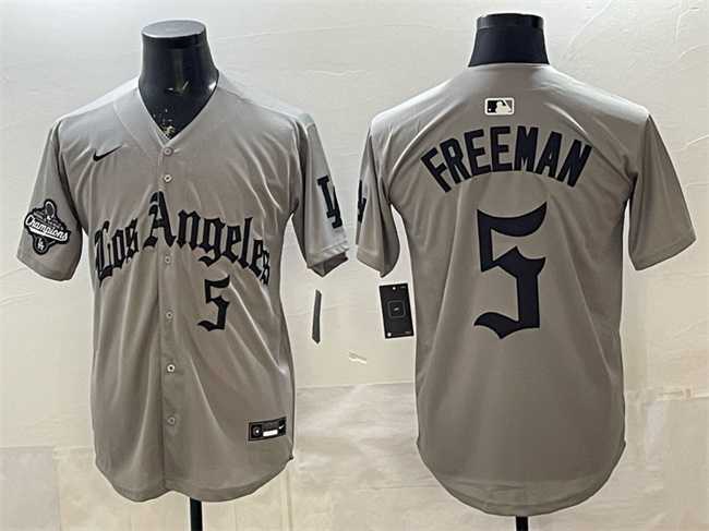 Men%27s Los Angeles Dodgers #5 Freddie Freeman Grey LA Gothic Style With 2025 World Series Champions Patch Limited Stitched Jersey Dzhi->los angeles dodgers->MLB Jersey