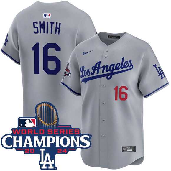 Men%27s Los Angeles Dodgers #16 Will Smith Gray 2024 World Series Champions Patch Limited Stitched Jersey Dzhi->los angeles dodgers->MLB Jersey