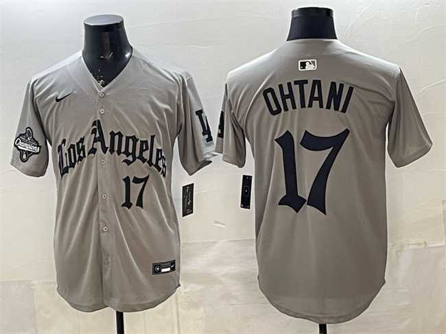 Men%27s Los Angeles Dodgers #17 Shohei Ohtani Grey LA Gothic Style With 2025 World Series Champions Patch Limited Stitched Jersey Dzhi->los angeles dodgers->MLB Jersey