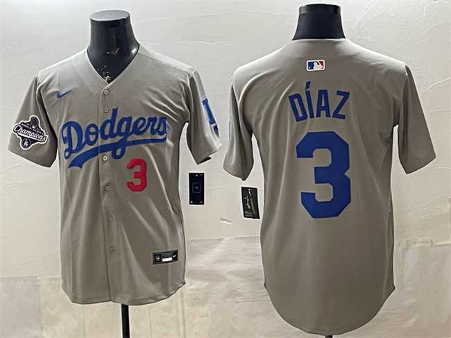 Mens Los Angeles Dodgers #3 Edwin Diaz Grey With 2025 World Series Champions Patch Limited Stitched Jersey Dzhi->houston astros->MLB Jersey