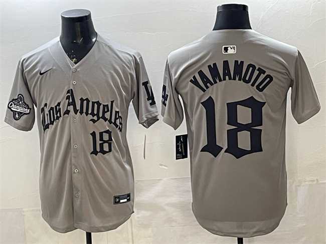 Men%27s Los Angeles Dodgers #18 Yoshinobu Yamamoto Grey LA Gothic Style With 2025 World Series Champions Patch Limited Stitched Jersey Dzhi->los angeles dodgers->MLB Jersey