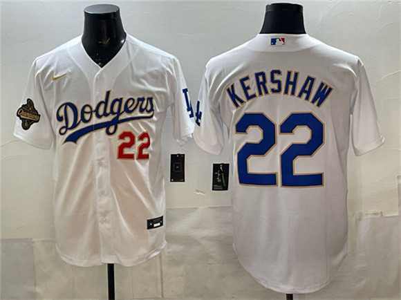 Men%27s Los Angeles Dodgers #22 Clayton Kershaw White 2025 World Series Champions Patch Stitched Jersey Dzhi->los angeles dodgers->MLB Jersey