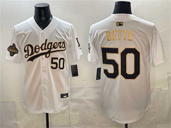 Men%27s Los Angeles Dodgers #50 Mookie Betts White Gold 2025 World Series Champions Patch Limited Stitched Jersey Dzhi->los angeles dodgers->MLB Jersey