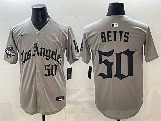 Men%27s Los Angeles Dodgers #50 Mookie Betts Grey LA Gothic Style With 2025 World Series Champions Patch Limited Stitched Jersey Dzhi->los angeles dodgers->MLB Jersey