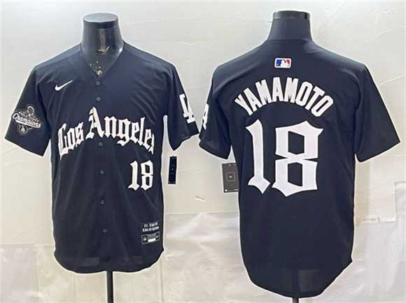 Men%27s Los Angeles Dodgers #18 Yoshinobu Yamamoto Black LA Gothic Style With 2025 World Series Champions Patch Limited Stitched Jersey Dzhi->los angeles dodgers->MLB Jersey