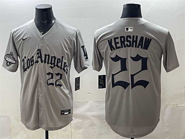 Men%27s Los Angeles Dodgers #22 Clayton Kershaw Grey LA Gothic Style With 2025 World Series Champions Patch Limited Stitched Jersey Dzhi->los angeles dodgers->MLB Jersey