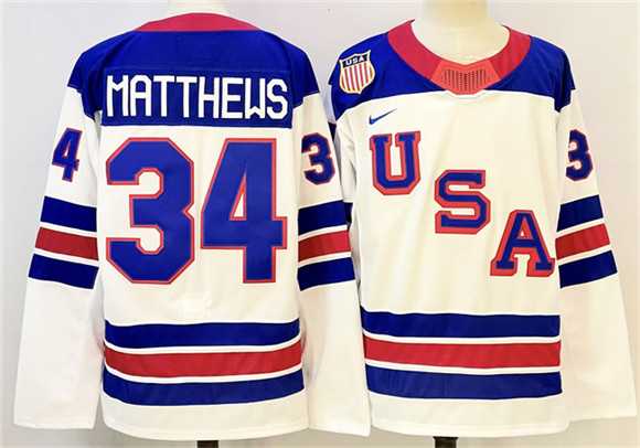 Men%27s USA #34 Auston Matthews White 2025-2026 Stitched Jersey->->Custom Jersey