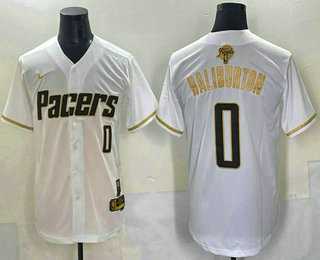 Mens Indiana Pacers #0 Tyrese Haliburton White Gold 2025 Finals Vapor Stitched Baseball Jersey->->NBA Jersey