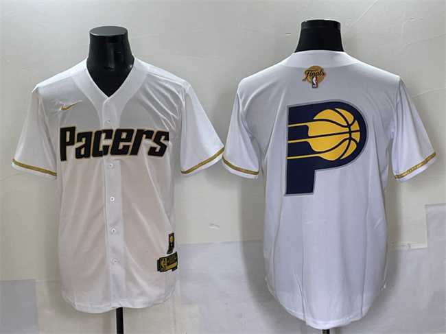 Mens Indiana Pacers Team Big Logo White Gold 2025 Finals Vapor Stitched Baseball Jersey->->NBA Jersey
