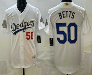 Mens Los Angeles Dodgers #50 Mookie Betts White Gold World Series Champions Collection Limited Jersey->los angeles dodgers->MLB Jersey