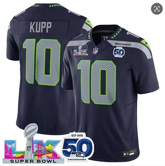 Mens Seattle Seahawks #10 Cooper Kupp Navy 2025 F.U.S.E. Super Bowl LX Patch And 50th Season Patch Vapor Limited Stitched Jersey->seattle seahawks->NFL Jersey
