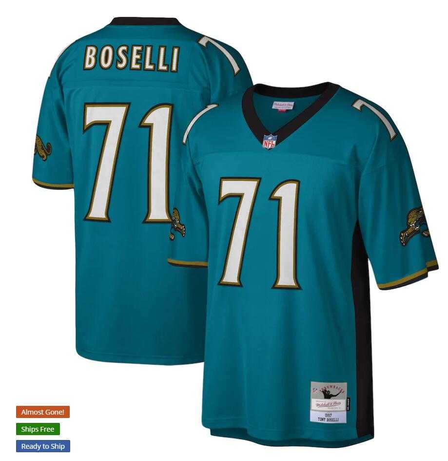 Men%27s Jacksonville Jaguars #71 Tony Boselli 1997 Mitchell & Ness Teal NFL Throwback Jersey->carolina panthers->NFL Jersey