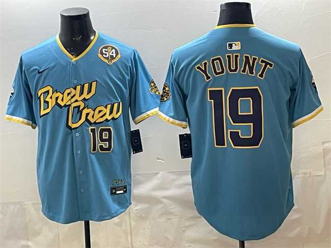 Mens Milwaukee Brewers #19 Robin Yount Powder Blue City Connect With Home & Bob Uecker Patch Limited Stitched Jersey->milwaukee brewers->MLB Jersey