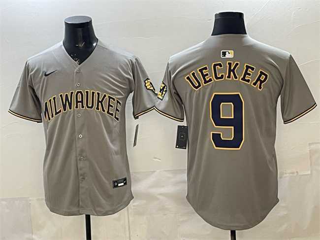 Mens Milwaukee Brewers #9 Bob Uecker Grey Home Limited Stitched Jersey->milwaukee brewers->MLB Jersey