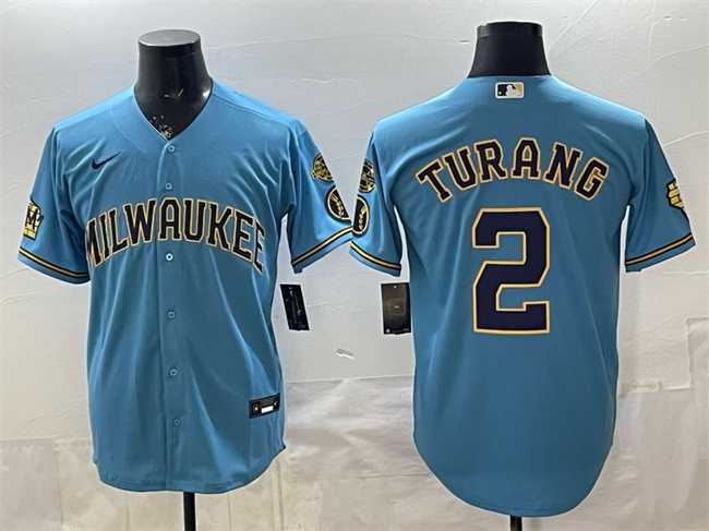 Mens Milwaukee Brewers #2 Brice Turang Blue With Home & Bob Uecker Patch Stitched Jersey->milwaukee brewers->MLB Jersey