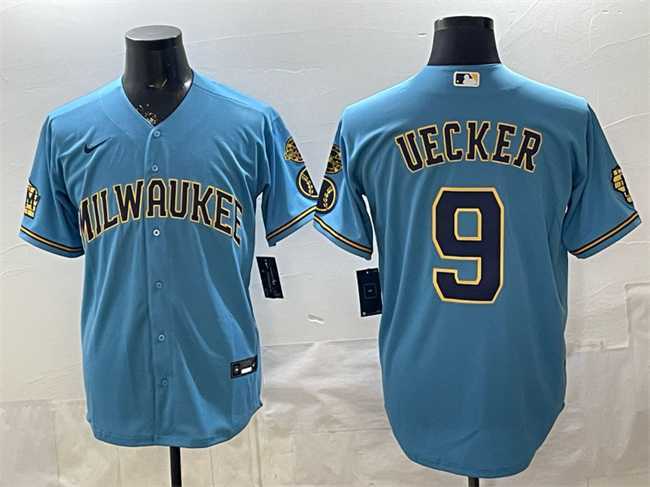 Mens Milwaukee Brewers #9 Bob Uecker Blue With Home & Bob Uecker Patch Stitched Jersey->milwaukee brewers->MLB Jersey