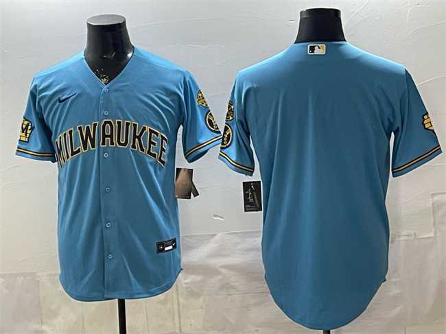 Men%27s Milwaukee Brewers Blank Blue With Home & Bob Uecker Patch Stitched Jersey->minnesota twins->MLB Jersey