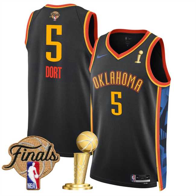 Mens Oklahoma City Thunder #5 Luguentz Dort Black 2025 Finals Patch And Finals Champions Patch City Edition Stitched Jersey Dzhi->->NBA Jersey