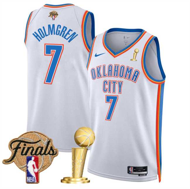 Mens Oklahoma City Thunder #7 Chet Holmgren White 2025 Finals Patch And Finals Champions Patch Association Edition Stitched Jersey Dzhi->->NBA Jersey