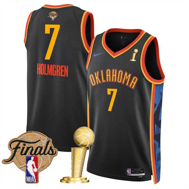 Mens Oklahoma City Thunder #7 Chet Holmgren Black 2025 Finals Patch And Finals Champions Patch City Edition Stitched Jersey Dzhi->->NBA Jersey