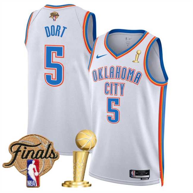 Mens Oklahoma City Thunder #5 Luguentz Dort White 2025 Finals Patch And Finals Champions Patch Association Edition Stitched Jersey Dzhi->->NBA Jersey